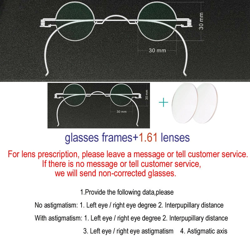 Unisex Handcrafted Optional Circle Diameter Stainless Steel Frame Customizable Lenses Frame Yujo 30mm 1.61 Index Single Vision  