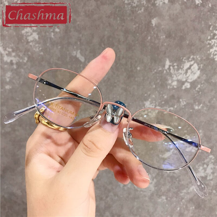 Unisex Oval Titanium Frame Ultra Thin Eyeglasses 20175 Frame Chashma Silver Pink  