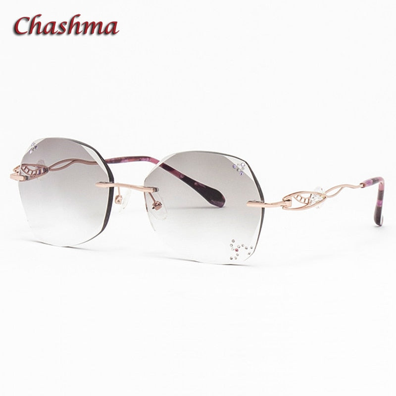 Chashma Ochki Women's Rimless Round Titanium Eyeglasses Gradient Tinted Demo Diamond Cut Lenses 007 Rimless Chashma Ochki   