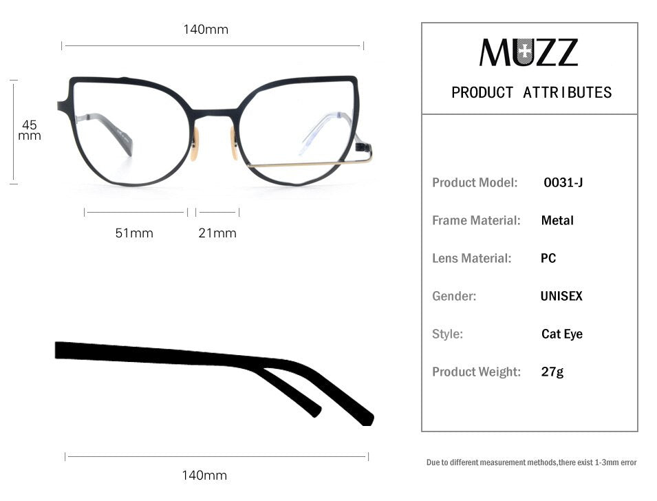 Muzz Women's Full Rim Square Cat Eye Titanium Frame Eyeglasses 0031 Full Rim Muzz   