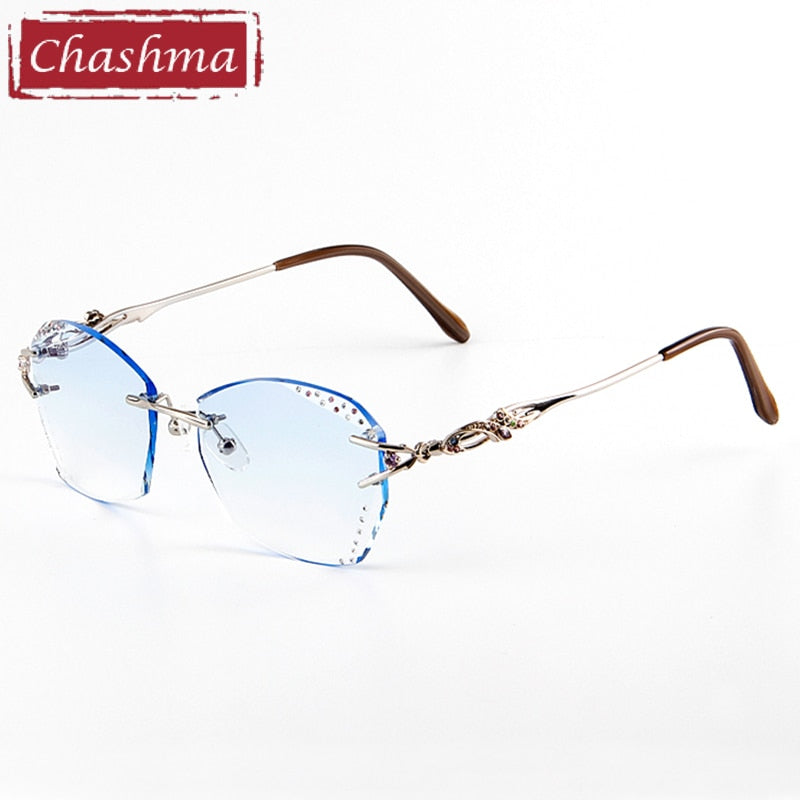 Women's Eyeglasses Diamond Cutting Rimless Titanium 8036c Rimless Chashma Silver with Blue  