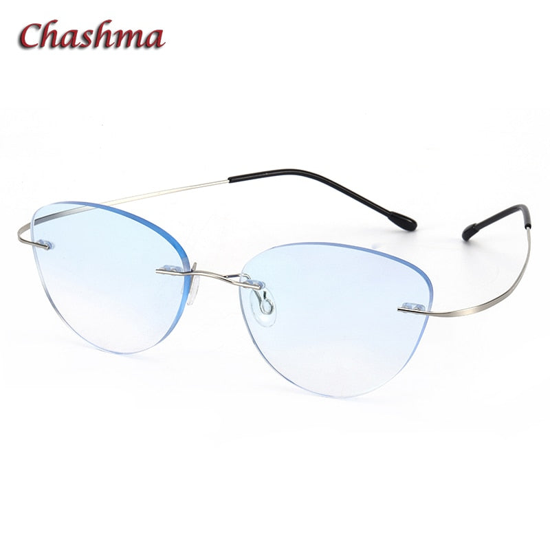 Chashma Ochki Unisex Rimless Triangle Cat Eye Titanium Eyeglasses Tinted Lenses 60742 Rimless Chashma Ochki Silver with Blue  