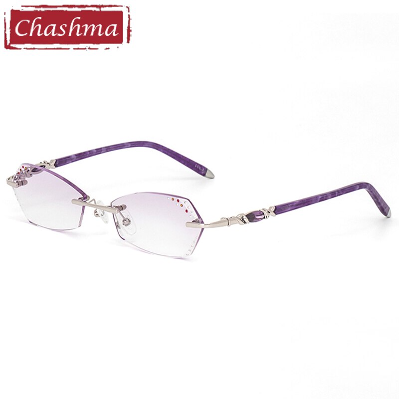Women's Rimless Diamond Cut Alloy Frame Tinted Lens Eyeglasses 016 Rimless Chashma Purple  