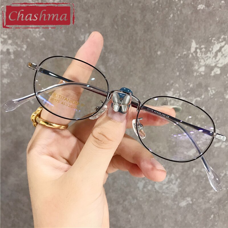 Unisex Oval Titanium Frame Ultra Thin Eyeglasses 20175 Frame Chashma Black Silver  