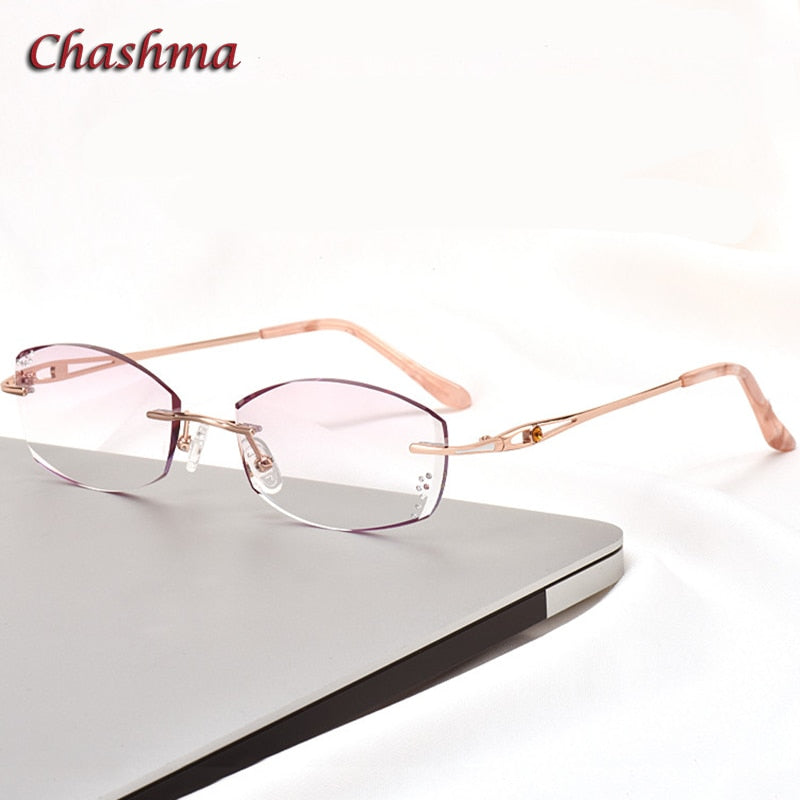 Chashma Ochki Women's Rimless Rectangle Titanium Eyeglasses Glitter Edge Tinted Lenses Rimless Chashma Ochki   
