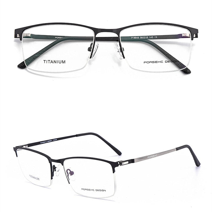 KatKani Men's Semi Rim Titanium Alloy Frame Screwless Eyeglasses P9848 Semi Rim KatKani Eyeglasses Black  