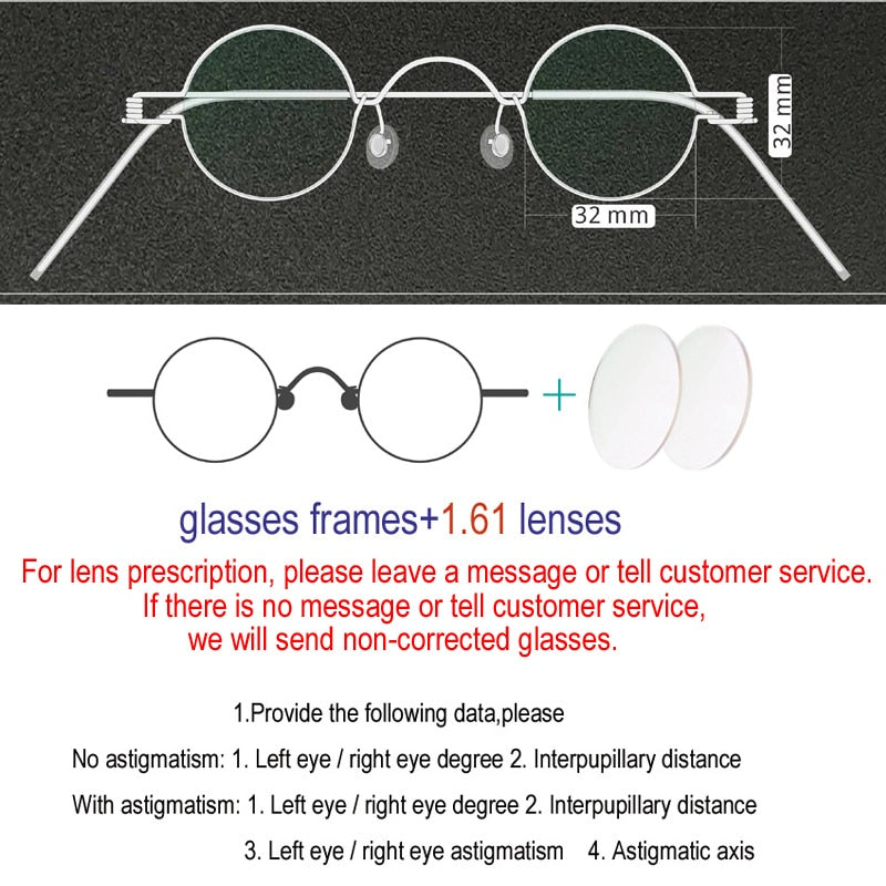 Unisex Handcrafted Small Round Eyeglasses Customizable Lenses Frame Yujo 32mm 1.61 Index Single Vision China 