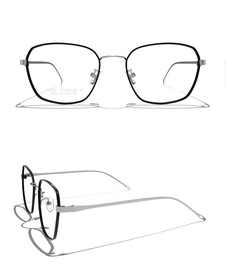 Muzz Men's Full Rim Square Titanium Frame Eyeglasses 8991 Full Rim Muzz Black Silver  