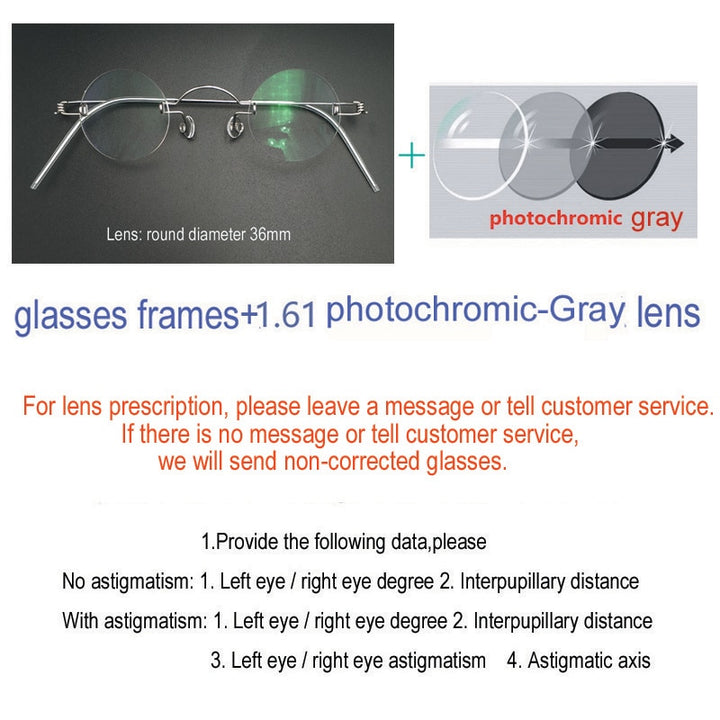 Unisex Handcrafted Rimless Round Eyeglasses Customizable Lenses Rimless Yujo gray China 
