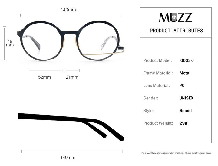 Muzz Men's Full Rim Polygonal Round Ultem Titanium Frame Eyeglasses 0034 Full Rim Muzz   