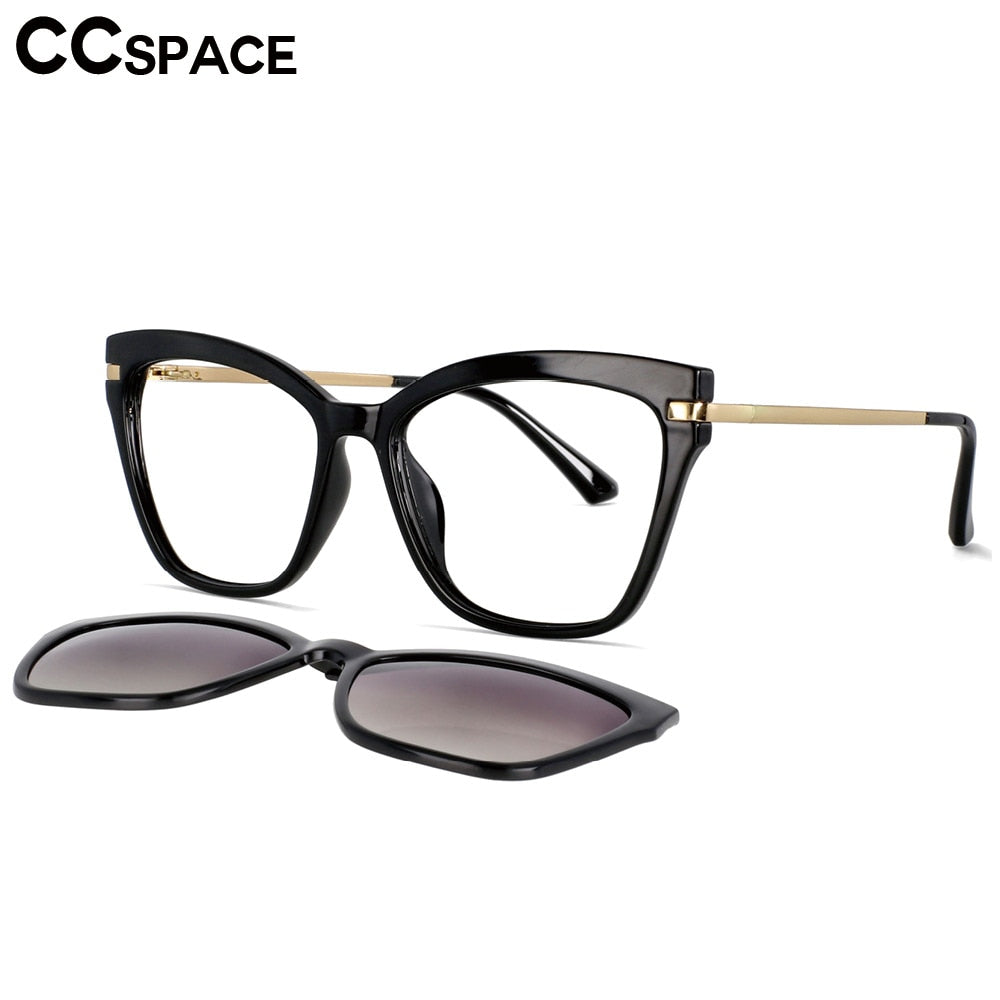 CCspace Unisex Full Rim Square Cat Eye Tr 90 Titanium Eyeglasses Clip On Sunglasses 53684 With Clip Ons CCspace   