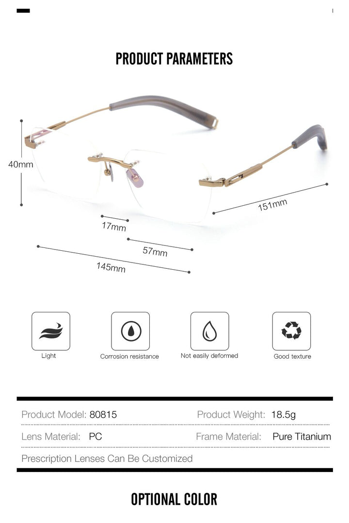Muzz Men's Rimless Irregular Square Titanium Frame Eyeglasses 80817 Rimless Muzz   