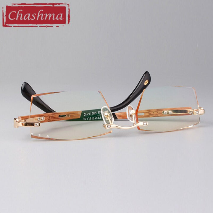 Chashma Ottica Men's Rimless Square Titanium Eyeglasses Bamboo Temples Tint Lenses 886 Rimless Chashma Ottica gold with Brown  