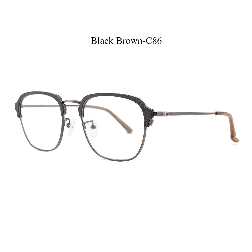 Hdcrafter Unisex Full Rim Square Oval Wood Metal Frame Eyeglasses 8120 Full Rim Hdcrafter Eyeglasses Black Brown-C86  