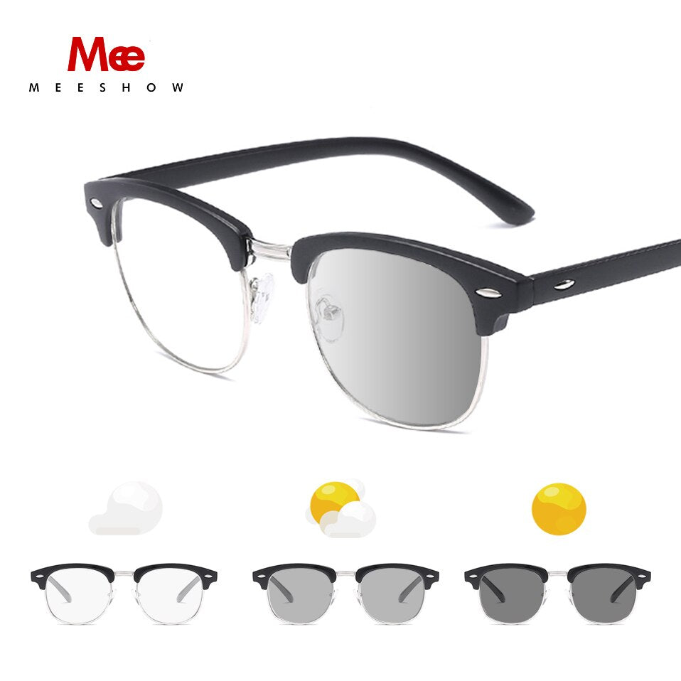 Meeshow Unisex Full Rim Square Stainless Steel Acetate Reading Glasses Photochromic 0844 Reading Glasses Meeshow +100 Black photo gray 