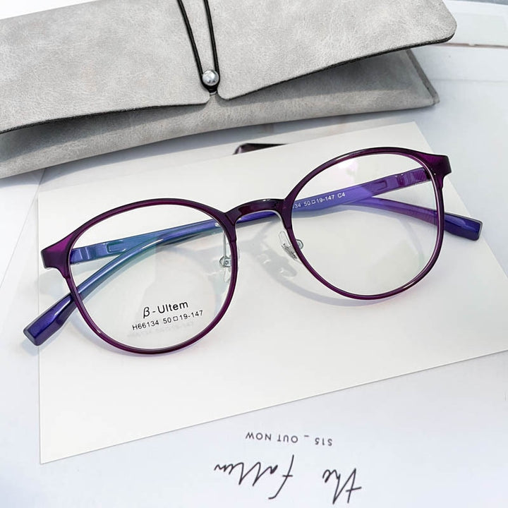 KatKani Unisex Full Rim Round β Ultem Steel Frame Eyeglasses H66134 Full Rim KatKani Eyeglasses Purple  