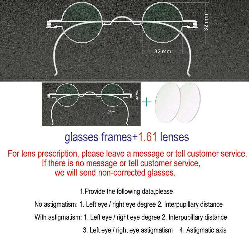 Unisex Handcrafted Optional Circle Diameter Stainless Steel Frame Customizable Lenses Frame Yujo 32mm 1.61 Index Single Vision  