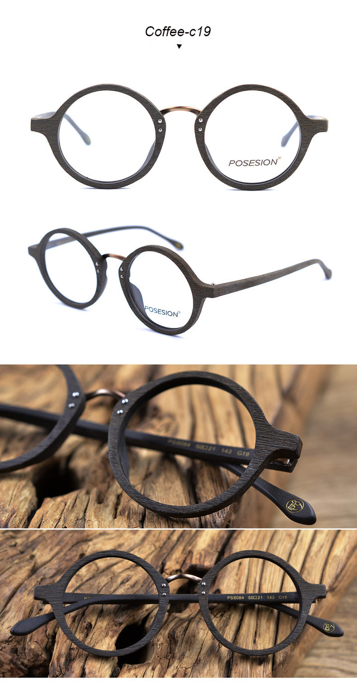 Hdcrafter Men's Full Rim Round Metal Wood Frame Eyeglasses Ps6084 Full Rim Hdcrafter Eyeglasses   