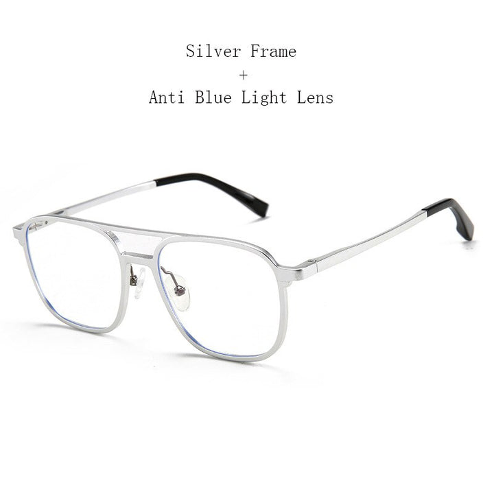 Hdcrafter Unisex Full Rim Square Pilot Aluminum Double Bridge Frame Eyeglasses 6113 Full Rim Hdcrafter Eyeglasses Silver  