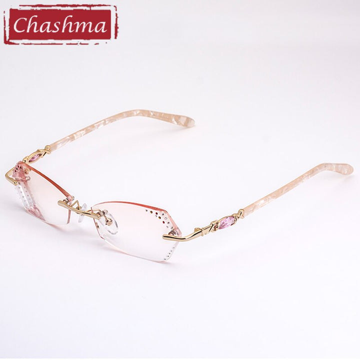 Women's Rimless Diamond Cut Alloy Frame Tinted Lens Eyeglasses 016 Rimless Chashma Gold Brown  