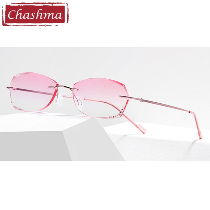 Women's Rimless Diamond Cut Tinted Lens Eyeglasses Titanium Frame 6074-9066 Rimless Chashma Pink Fold  