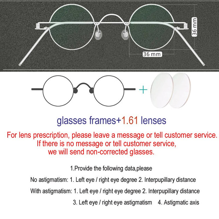 Unisex Handcrafted Circular Stainless Steel Frame Customizable Lens Eyeglasses Frame Yujo 36mm China 