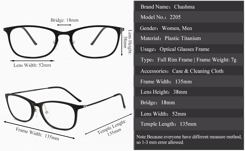 Chashma Women's Full Rim Square Ultem Resin Frame Eyeglasses 2205 Full Rim Chashma   