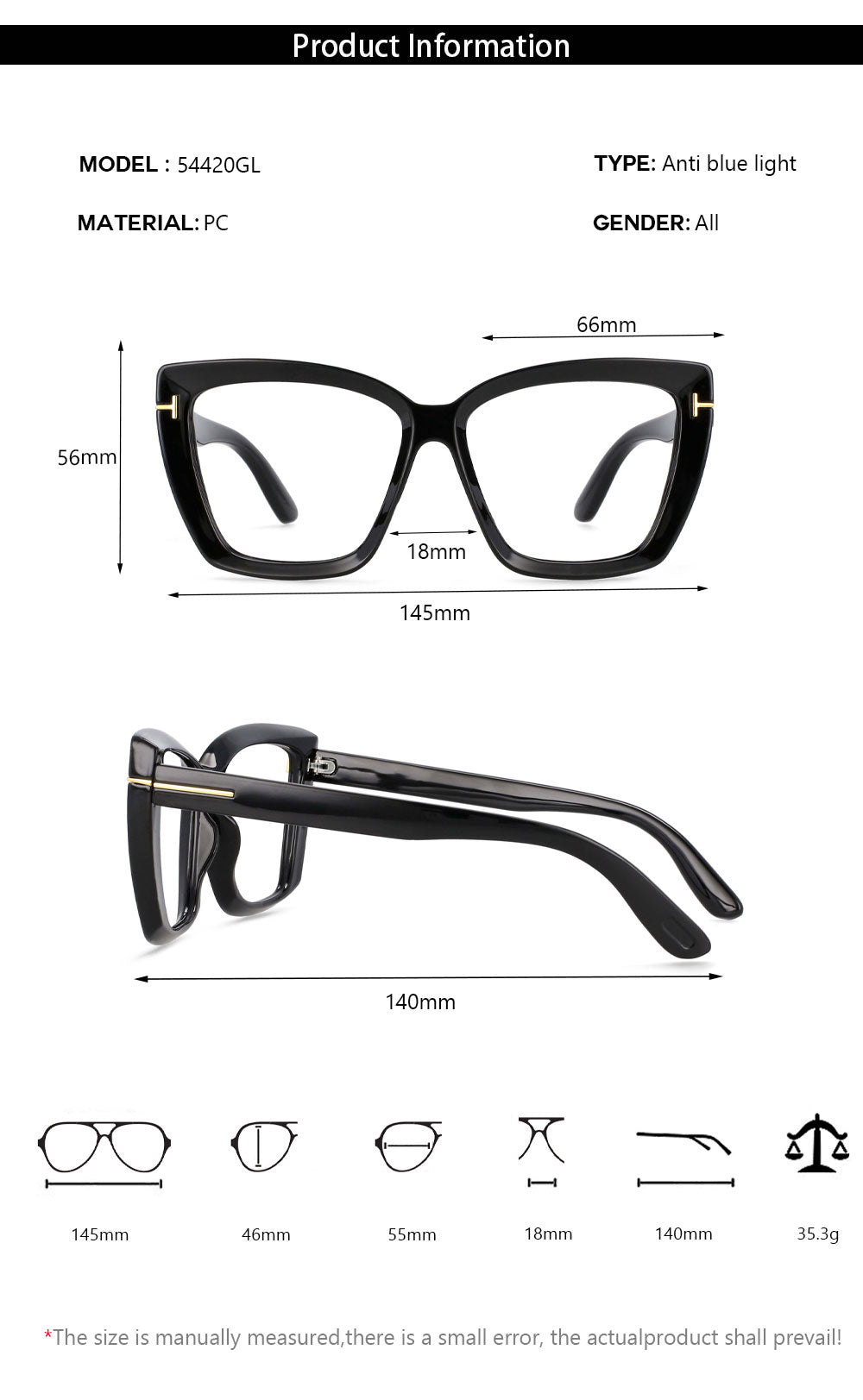 CCspace Unisex Full Rim Oversized Square Cat Eye Resin Alloy Rivet Frame Eyeglasses 54420 Full Rim CCspace   