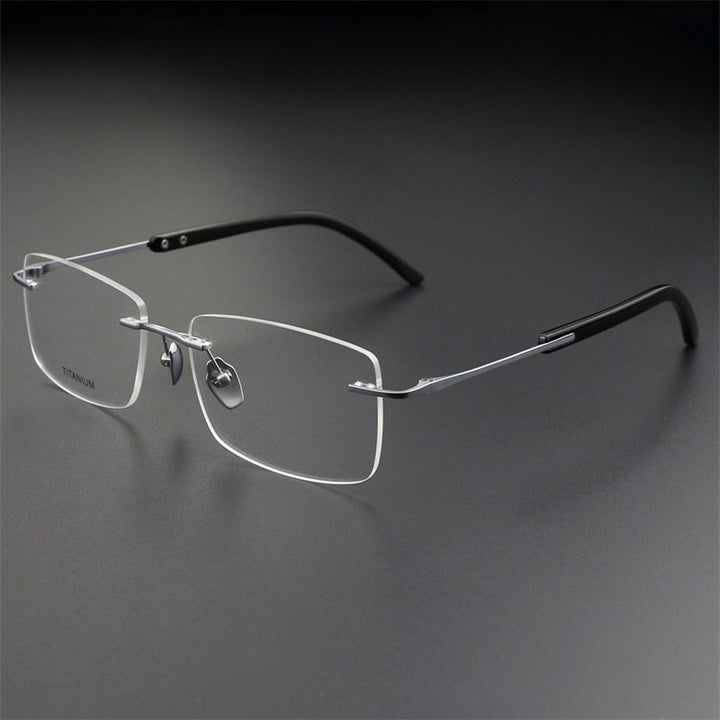 Hdcrafter Men's Rimless Square Titanium Horn Temple Eyeglasses Hs921 Rimless Hdcrafter Eyeglasses Silver  