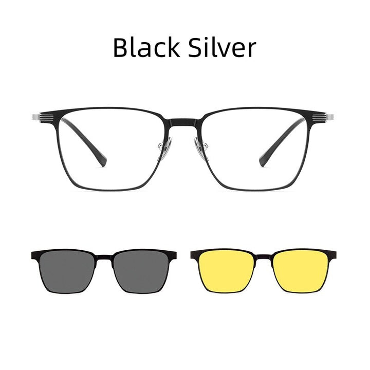 KatKani Unisex Full Rim Square Aluminum Magnesium Titanium Eyeglasses Clip On Polarized Sunglasses 9903 Clip On Sunglasses KatKani Eyeglasses Black Silver  