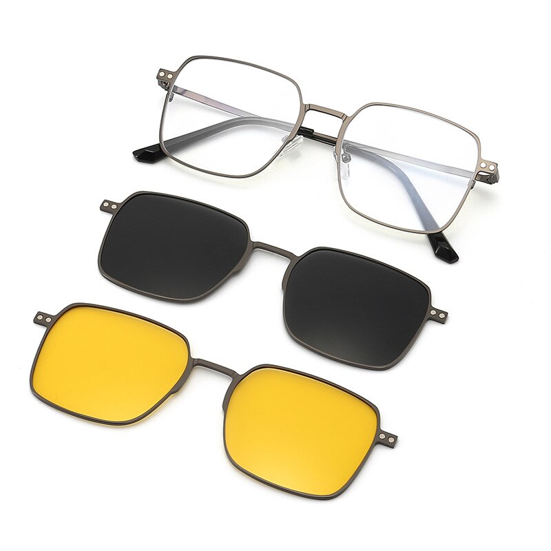 Hdcrafter Men's Full Rim Square Alloy Eyeglasses Clip On Polarized Sunglasses 7013 Clip On Sunglasses Hdcrafter Eyeglasses Gun Frame  