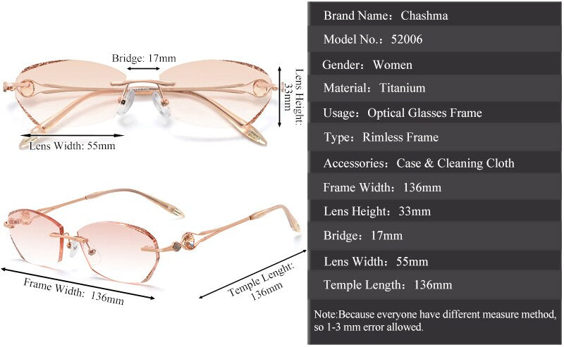 Chashma Ochki Women's Rimless Oval Rectangle Titanium Eyeglasses 52006 Rimless Chashma Ochki   