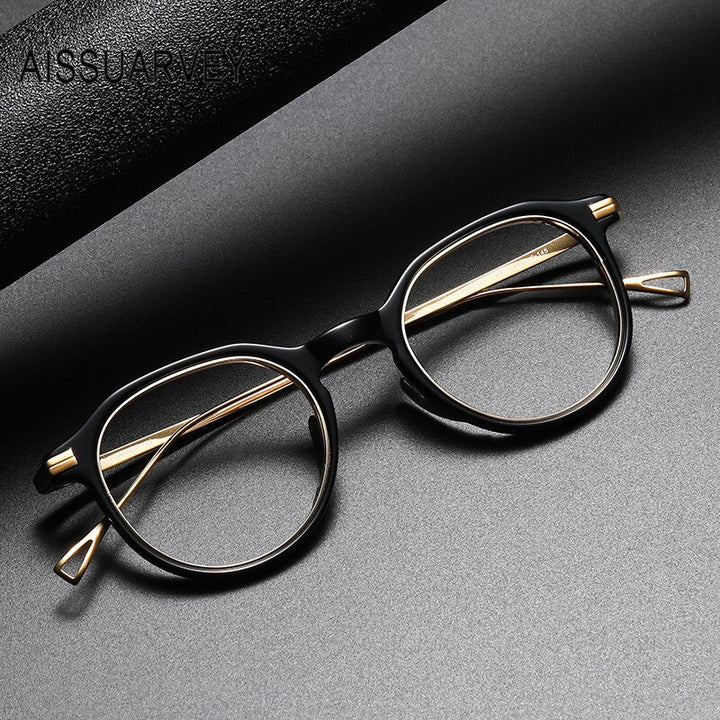 Aissuarvey Unisex Eyeglasses Small Round Acetate Titanium Ip Full Rim 12.8g Full Rim Aissuarvey Eyeglasses black CN 