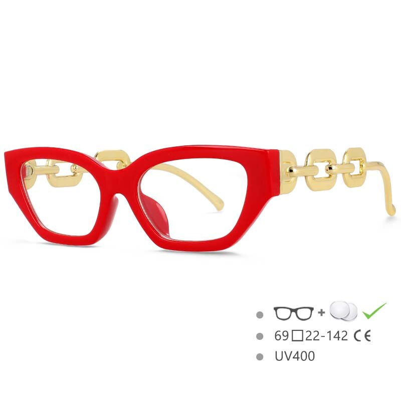 CCspace Women's Full Rim Oversized Cat Eye PC Resin Chain Leg Frame Eyeglasses 53235 Full Rim CCspace Red China 