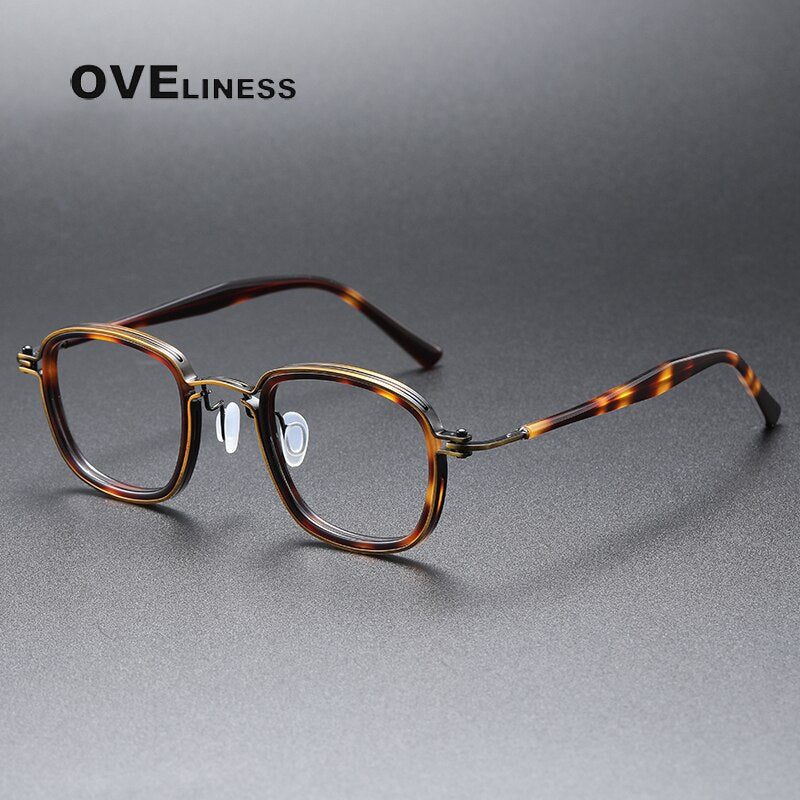 Oveliness Unisex Full Rim Round Square Acetate Titanium Eyeglasses 5863 Full Rim Oveliness tortoise bronze  