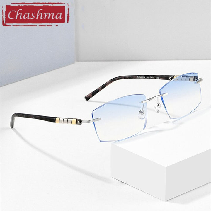 Chashma Ottica Men's Rimless Irregular Rectangle Titanium Eyeglasses Tinted Lenses 008 Rimless Chashma Ottica Silver with Blue  