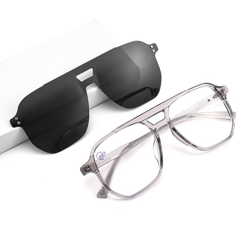 Yimaruili Unisex Full Rim Double Bridge TR 90 Resin Frame Eyeglasses Magnetic Clip On Polarized Sunglasses 82102 Clip On Sunglasses Yimaruili Eyeglasses Transparent Gray  