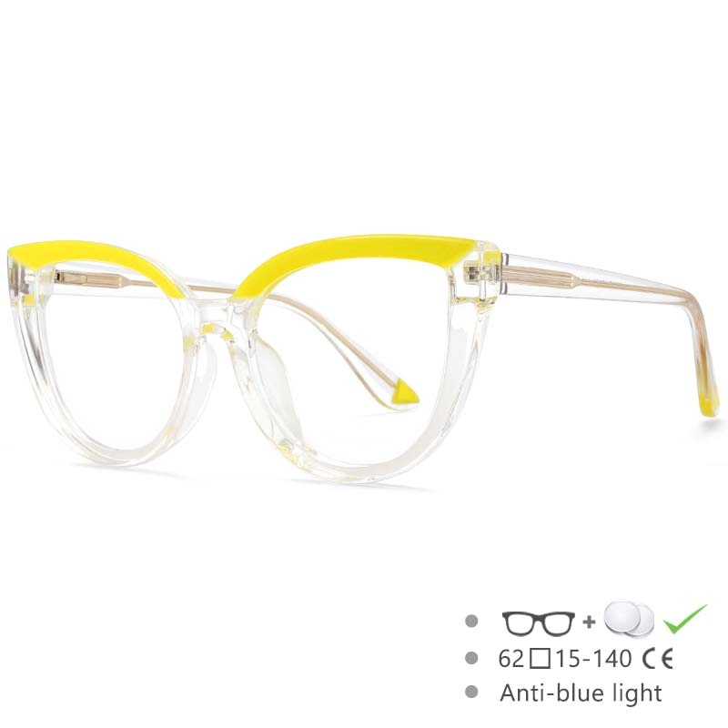 CCspace Women's Full Rim Square Cat Eye Tr 90 Titanium Eyeglasses 54637 Full Rim CCspace China Yellow clear 