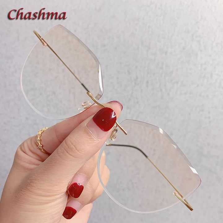 Chashma Ochki Women's Rimless Square Cat Eye Titanium Eyeglasses 6074 Tinted Lenses Rimless Chashma Ochki Gold Brown  