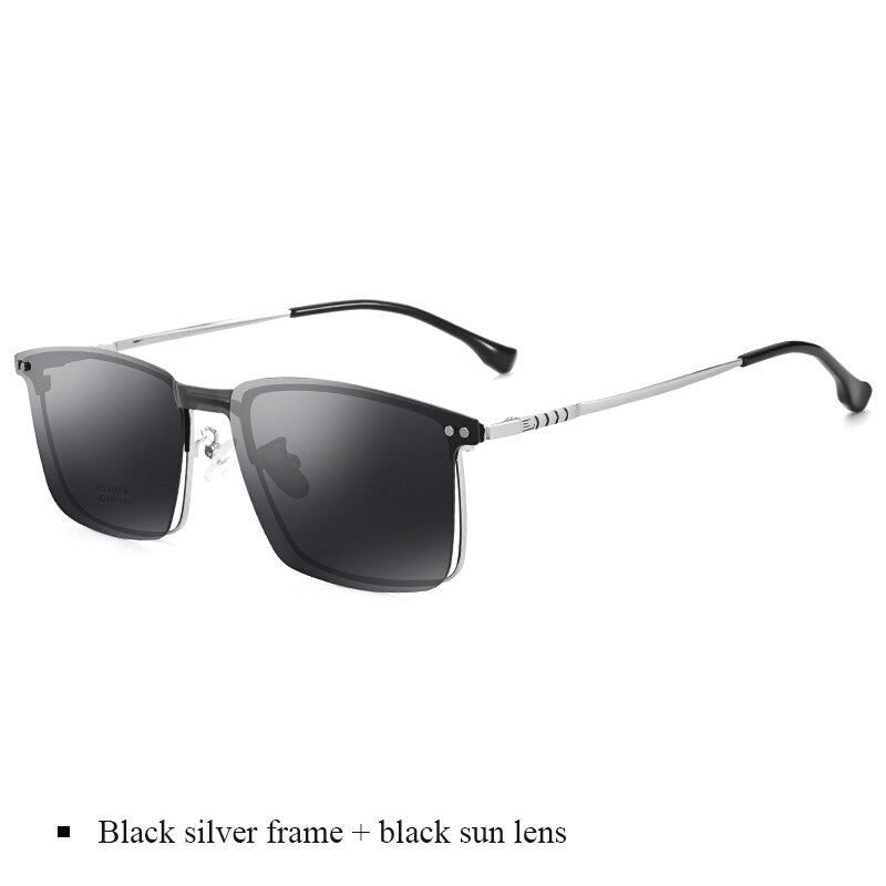 Bclear Men's Full Rim Square Alloy Frame Eyeglasses With Clip On Polarized Sunglasses Zt94016 Sunglasses Bclear Black silver frame  