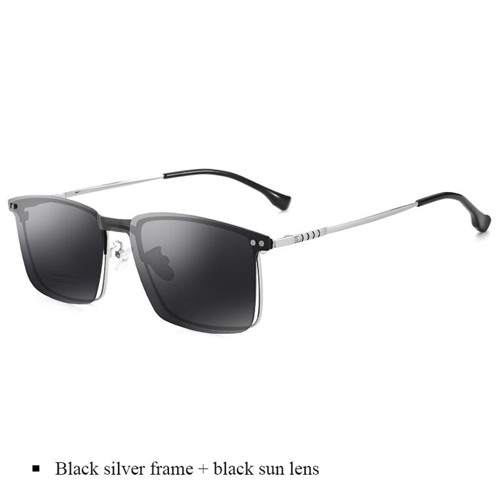 Bclear Men's Full Rim Square Alloy Frame Eyeglasses With Clip On Polarized Sunglasses Zt94016 Full Rim Bclear Black silver frame  