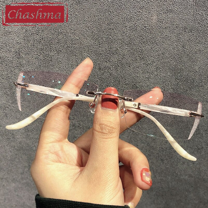 Chashma Women's Rimless Rectangle Titanium Glitter Edge Lens Eyeglasses 52025 Rimless Chashma Purple Lenses  