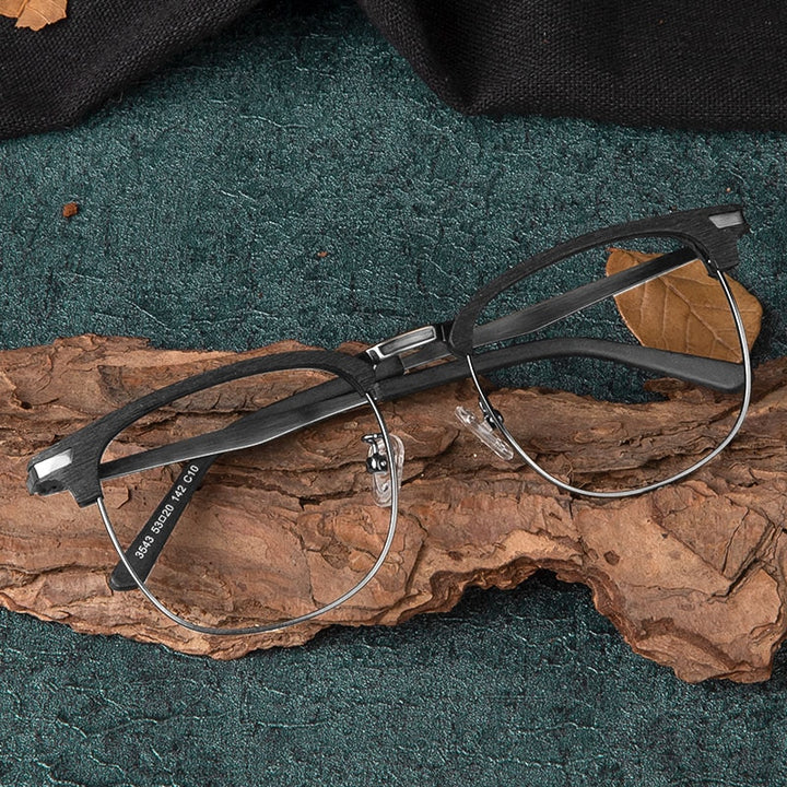 Hdcrafter Unisex Full Rim Oversized Round Square Wood Alloy Eyeglasses 3543 Full Rim Hdcrafter Eyeglasses Black-C10  