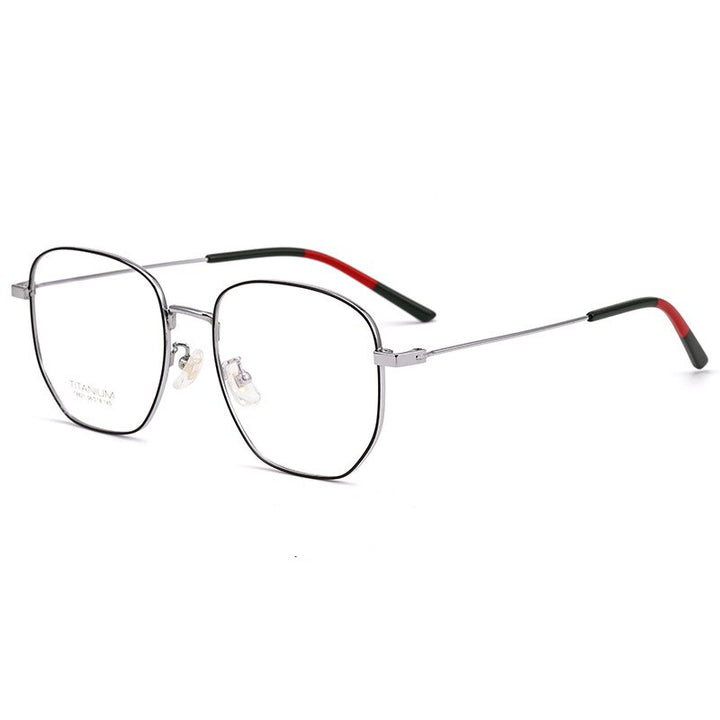 KatKani Unisex Full Rim Polygonal Round Titanium Alloy Frame Eyeglasses T8821 Full Rim KatKani Eyeglasses Black Silver  