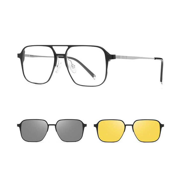 Yimaruili Unisex Full Rim Square Double Bridge Titanium Eyeglasses Clip On Sunglasses L7038 Clip On Sunglasses Yimaruili Eyeglasses Black Silver  