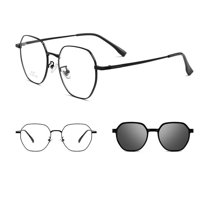 KatKani Unisex Full Rim Polygonal Alloy Eyeglasses With Clip On Polarized Sunglasses 86007 Clip On Sunglasses KatKani Eyeglasses Black  