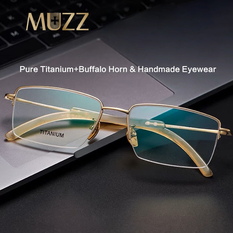 Muzz Men's Semi Rim Square Titanium Buffalo Horn Temple Eyeglasses 2303 Semi Rim Muzz   