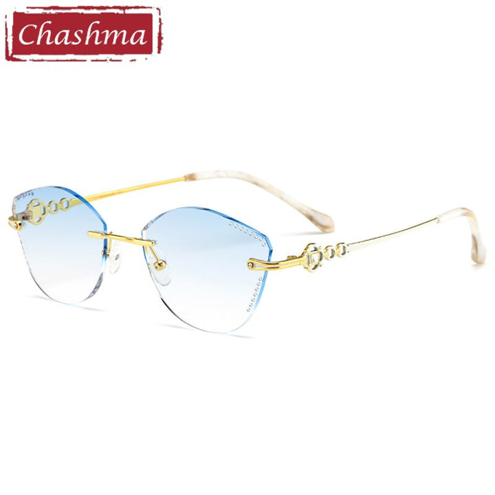 Chashma Women's Rimless Cat Eye Titanium Frame Diamond Cut Eyeglasses 9110 Rimless Chashma Gold Blue  