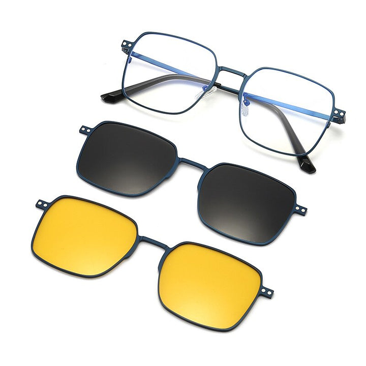 Hdcrafter Men's Full Rim Square Alloy Eyeglasses Clip On Polarized Sunglasses 7013 Clip On Sunglasses Hdcrafter Eyeglasses Blue Frame  