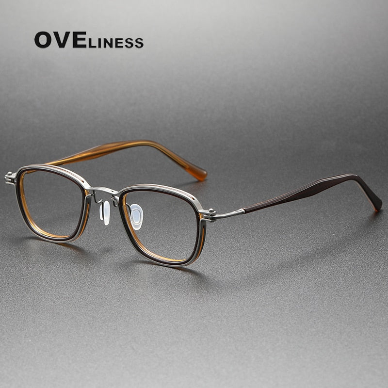 Oveliness Unisex Full Rim Round Square Acetate Titanium Eyeglasses 5861 Full Rim Oveliness brown gun  